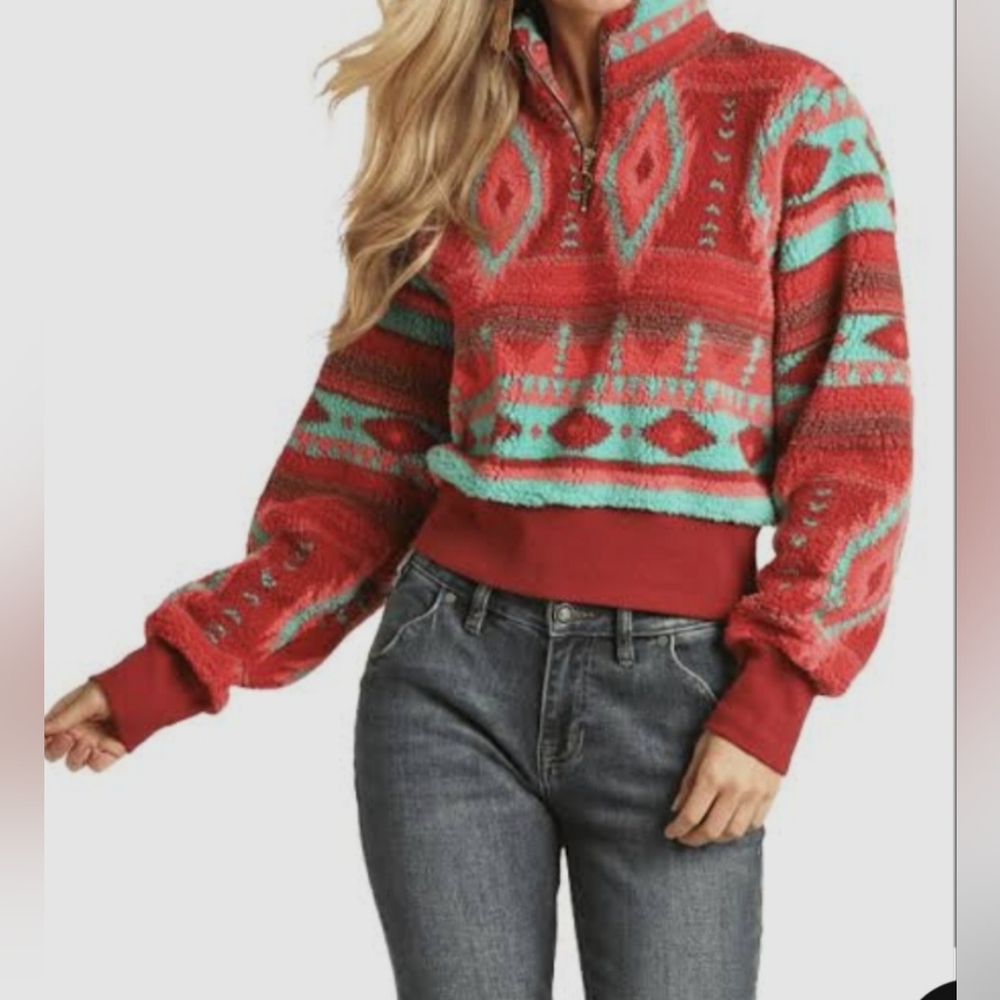 Rock & Roll Aztec Sherpa Quarter Zip Pullover Sweater Ladies Large